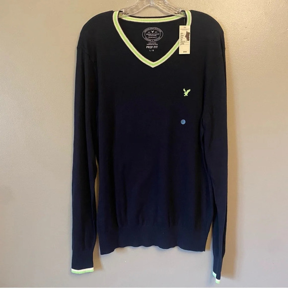 NWT American Eagle Outfitters V Neck Sweater cotton size Large navy Preppy - Picture 1 of 10